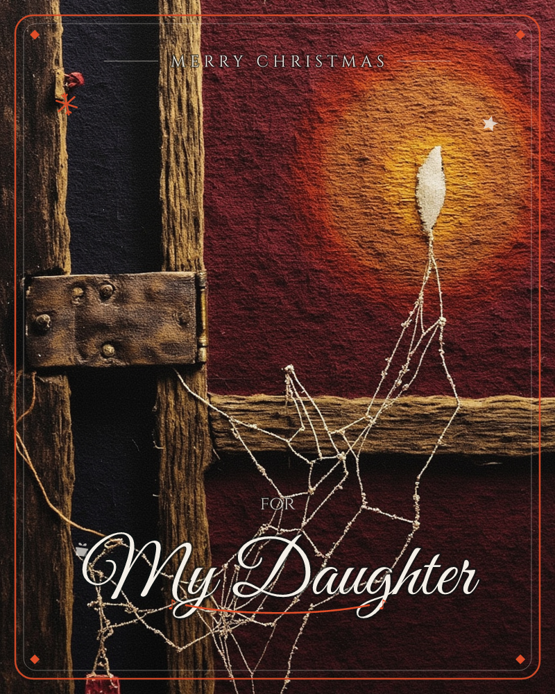 A weathered wooden door frame with a rusty metal hinge stands against a deep maroon wall, where a glowing amber halo surrounds a single flame-shaped…, a christmas e-card design