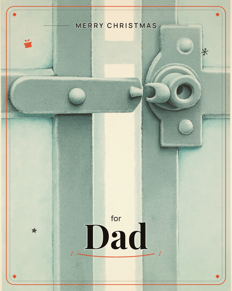 A close-up illustration of a simple metal gate latch, rendered in soft teal and sage tones against a pale cream backdrop, a christmas e-card design
