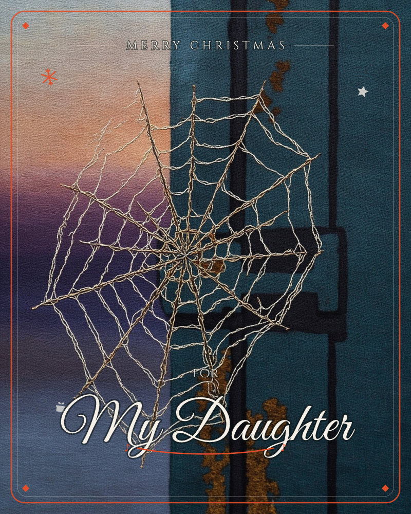 A delicate spiderweb, spun from fine gold and white threads, stretches across a rusted teal metal door latch, half caught against a dusky sky of peach…, a christmas e-card design