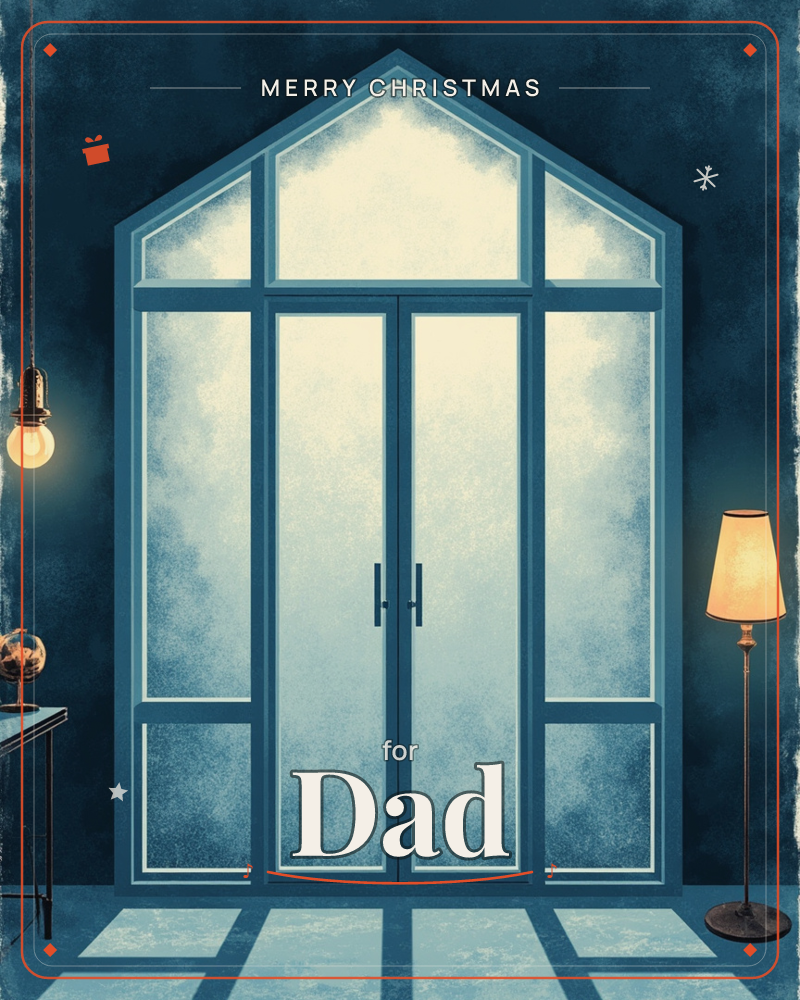 A tall arched glass door glows with soft, foggy light at the center of a dim indigo room, flanked by a warm hanging bulb and a lit floor lamp with a…, a christmas e-card design