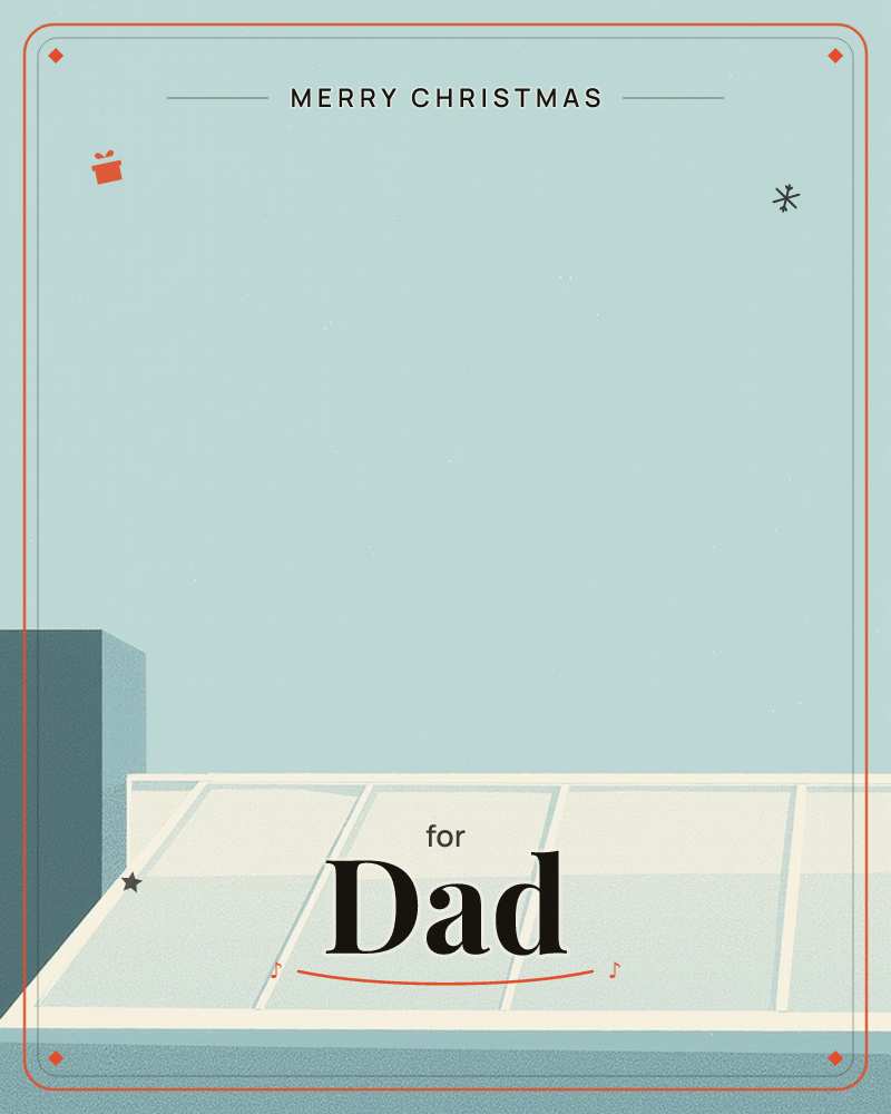A minimalist rooftop scene with a slanted glass skylight catching pale light against a flat, hazy blue-green sky, and the edge of a dark teal chimney…, a christmas e-card design