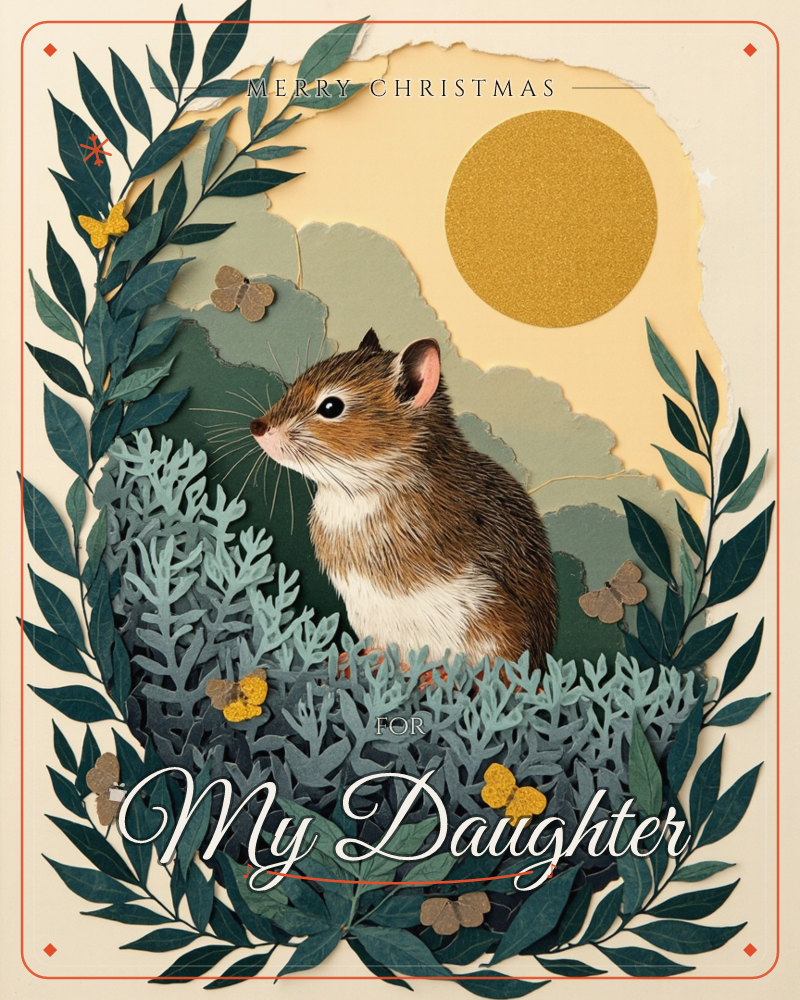 A layered paper-cut illustration shows a small striped mouse sitting alert among sage-green shrubbery, framed by a wreath of dark leaves and scattered…, a christmas e-card design