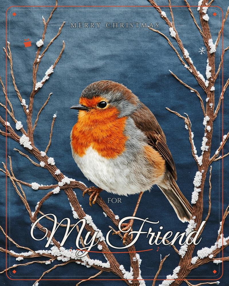 A robin with a bright orange breast perches on a bare, frost-dusted branch against a deep slate-blue background, a christmas e-card design