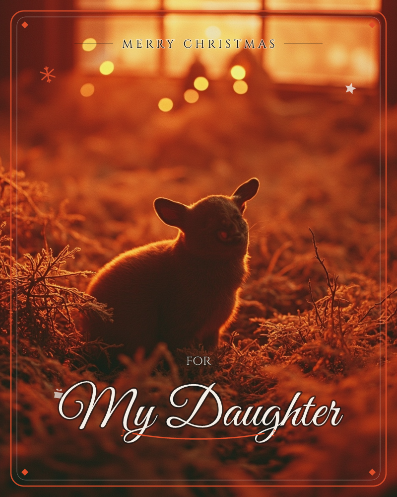 A small lamb sits amid dry straw and twigs, bathed in deep amber firelight, with a paned window glowing behind it and scattered warm bokeh lights…, a christmas e-card design