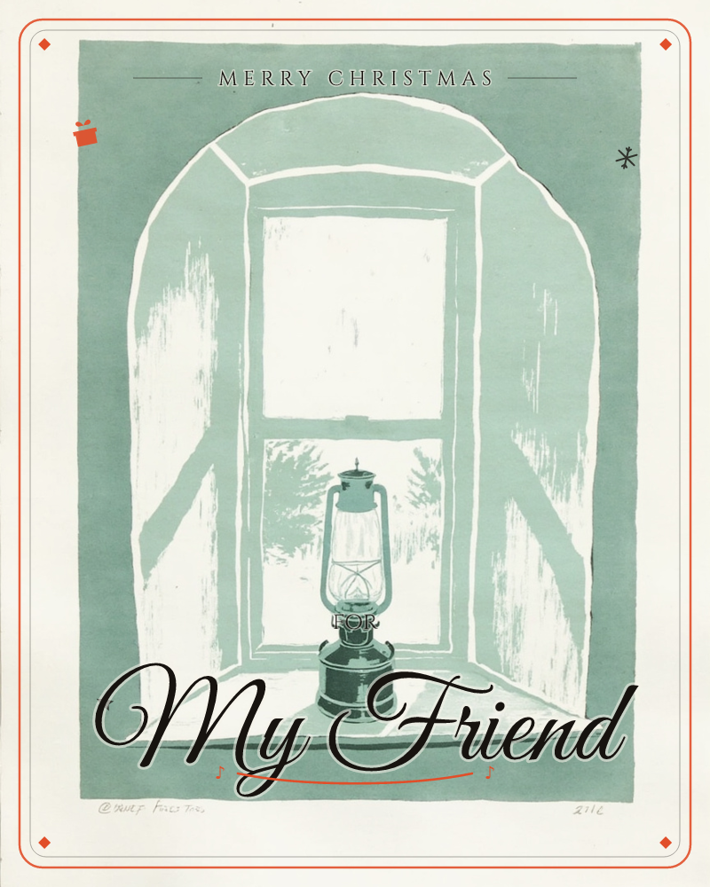 A linocut print in a single sage-green tone shows an old-fashioned lantern sitting on a windowsill, its arched frame thrown open onto a view of distant…, a christmas e-card design