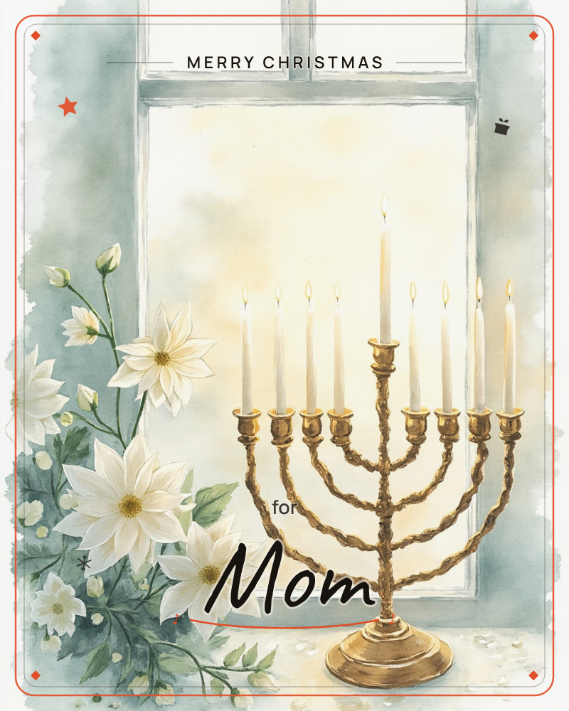 A gold menorah stands on a windowsill with its candles lit, set against a pale, glowing window pane, a christmas e-card design