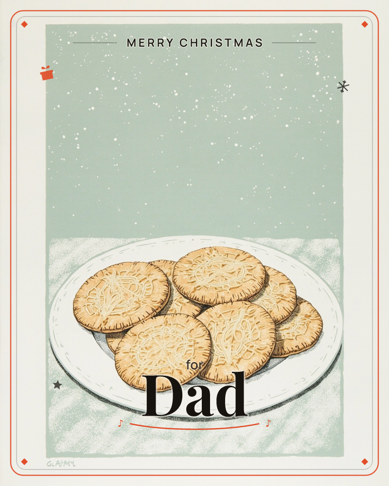 A white plate piled with golden, lattice-topped biscuits sits on a pale sage tablecloth, set against a soft green background dusted with tiny falling…, a christmas e-card design