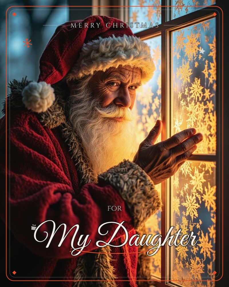 A man dressed as Santa Claus leans toward a frosted windowpane, his palm pressed lightly against the glass where golden snowflake patterns glow with…, a christmas e-card design
