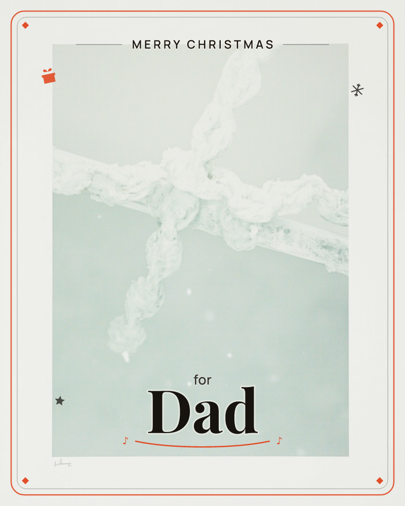 A weathered white rope is lashed in a tight knot around a wooden rail, photographed close-up against a pale, misty sea-green background, a christmas e-card design