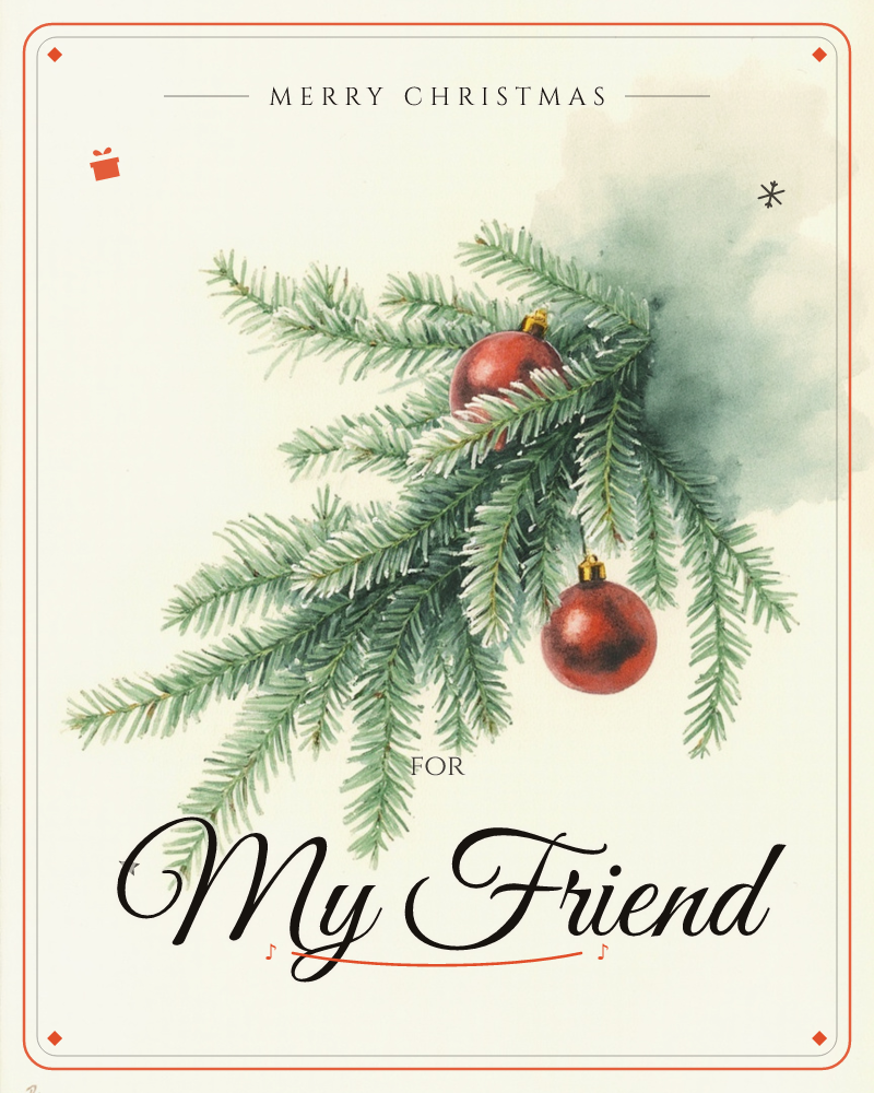 A single evergreen branch stretches across a cream page, its needles rendered in soft layered brushstrokes of green, a christmas e-card design