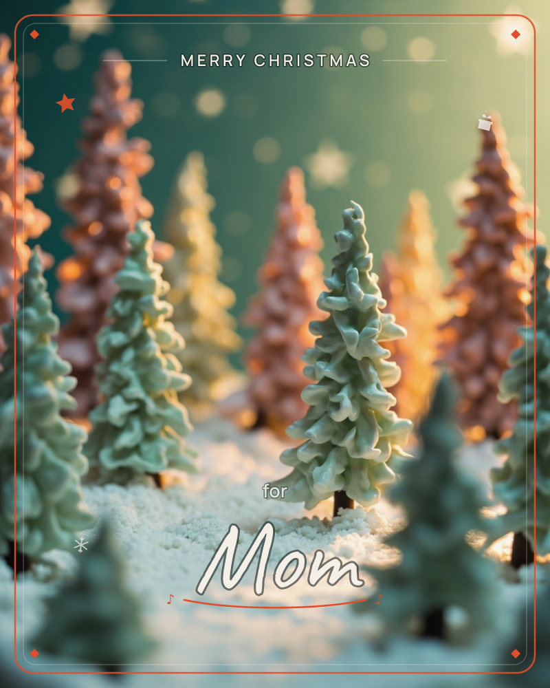 A miniature forest of piped icing pine trees stands in drifts of sugar snow, their ridged texture catching a warm golden glow against a deep teal night, a christmas e-card design