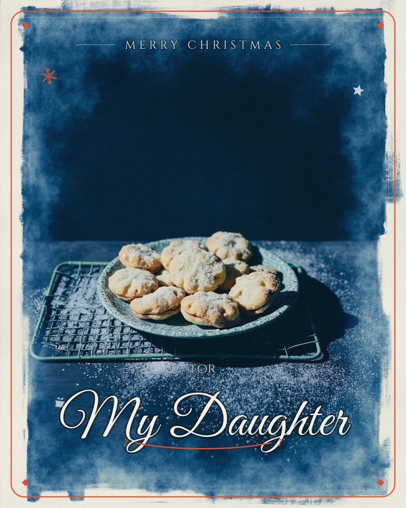 A plate of powdered-sugar-dusted mince pies sits on a wire cooling rack against a deep indigo backdrop, sugar scattered across the dark surface like…, a christmas e-card design