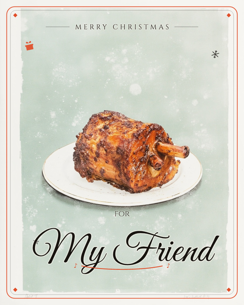 A roasted joint of meat with a dark caramelised crust and a protruding bone sits on a plain white plate, painted in careful detail against a speckled…, a christmas e-card design