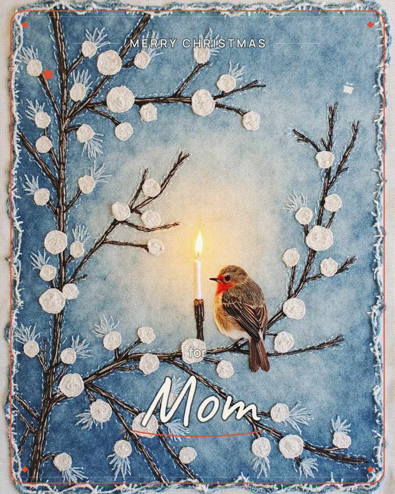 A robin perches on a snow-dusted branch beside a single lit candle, framed by an arch of dark twigs covered in stitched white berries, a christmas e-card design