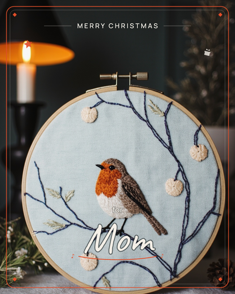 An embroidered robin sits perched on a stitched winter branch, framed in a round wooden hoop, its orange breast and speckled feathers rendered in fine…, a christmas e-card design