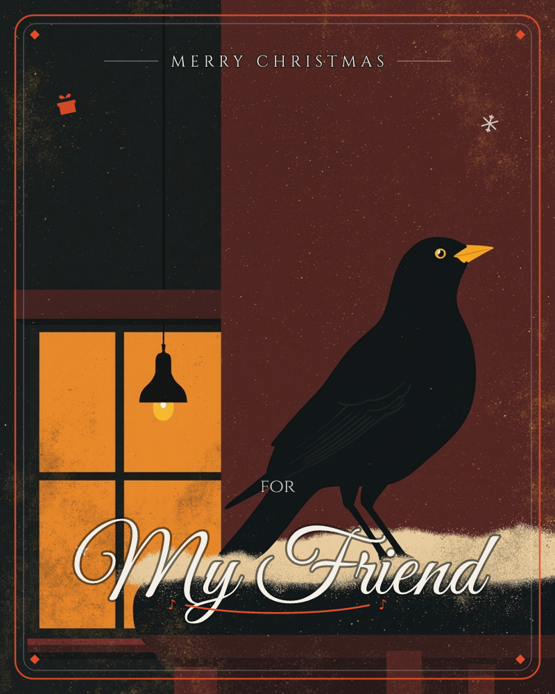 A blackbird with a bright orange beak perches on a snow-covered windowsill against a deep maroon wall, a lit window glowing beside it with a single…, a christmas e-card design