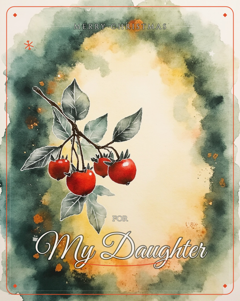 A branch of glossy red rosehips with silvery-grey leaves sits at the centre of a soft watercolour wreath, a christmas e-card design