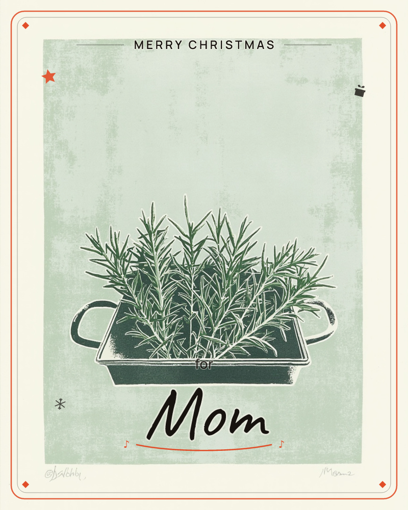 A metal tray with two small handles holds a dense bundle of rosemary sprigs, printed in dark green against a mottled sage-green background, a christmas e-card design