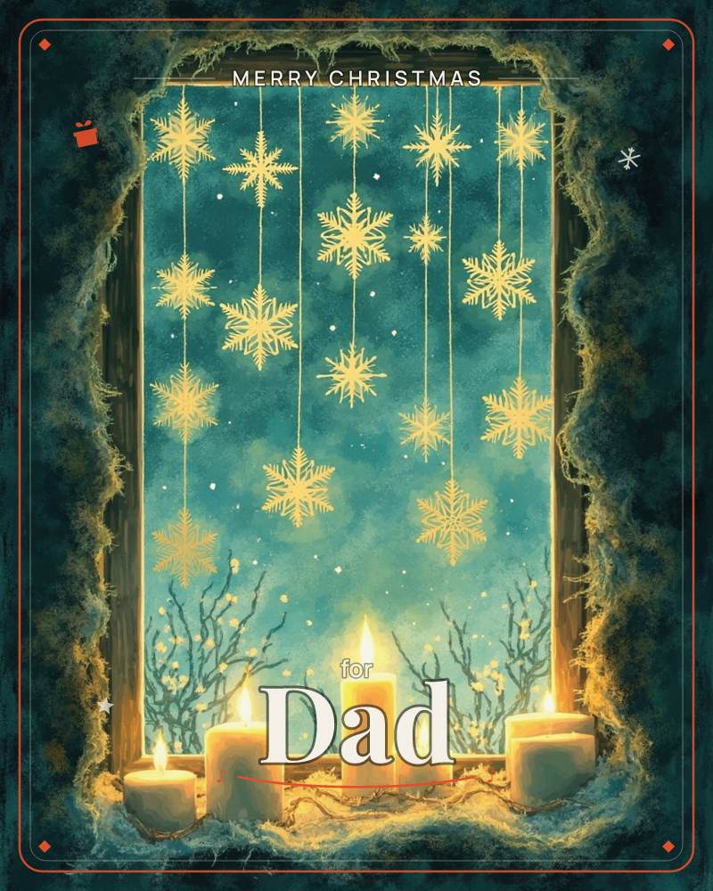 A frosted window frame, edged with icy moss and snow, opens onto a deep teal night where golden snowflake ornaments hang on threads at different heights, a christmas e-card design