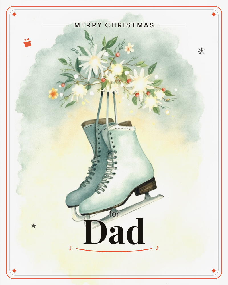 A pair of pale mint ice skates hangs by their laces, blades pointing down, with a spray of white daisies, red berries and green leaves tucked behind…, a christmas e-card design