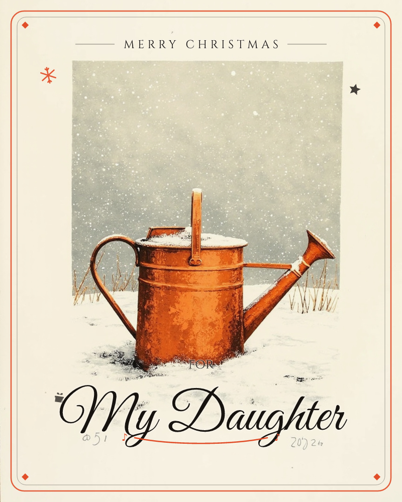 A weathered copper watering can sits half-buried in fresh snow, its surface dusted white and catching a warm glow against a soft grey, snow-flecked sky, a christmas e-card design