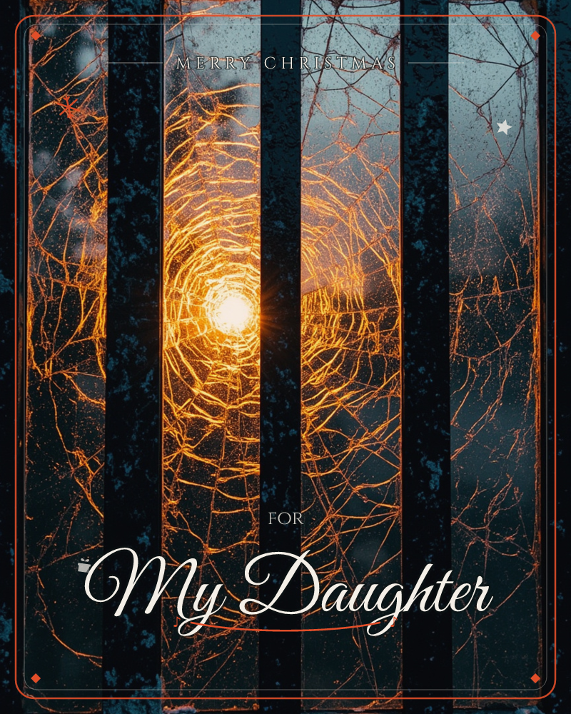 A spiderweb stretched across a dark iron fence catches the low sun directly behind it, turning every thread into a glowing orange filament radiating…, a christmas e-card design