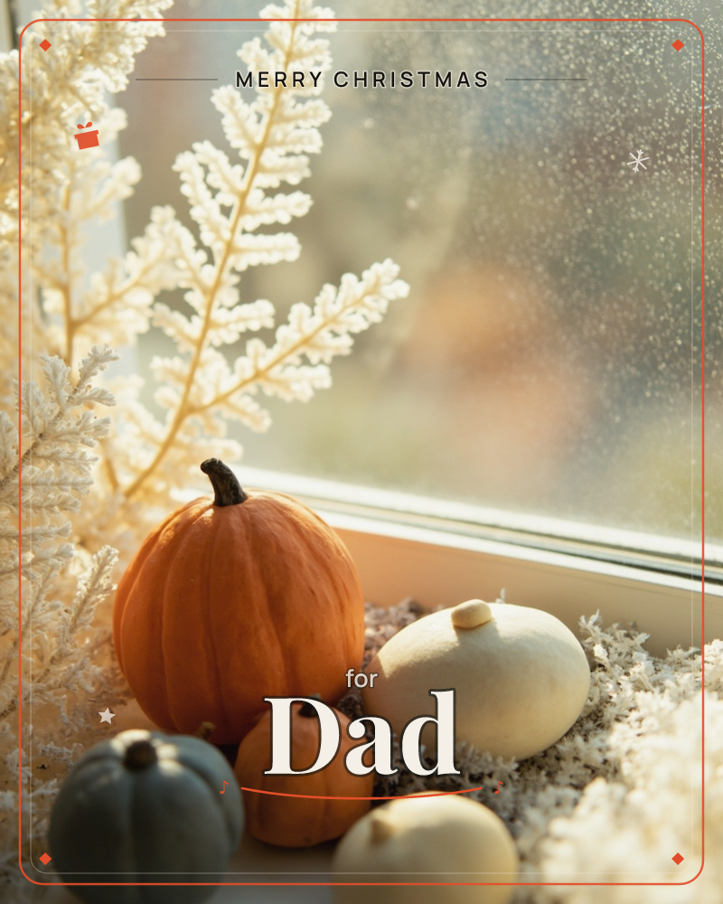 A cluster of small decorative pumpkins and gourds rests on a windowsill, mixed shades of orange, pale green, and cream, tucked among feathery dried…, a christmas e-card design