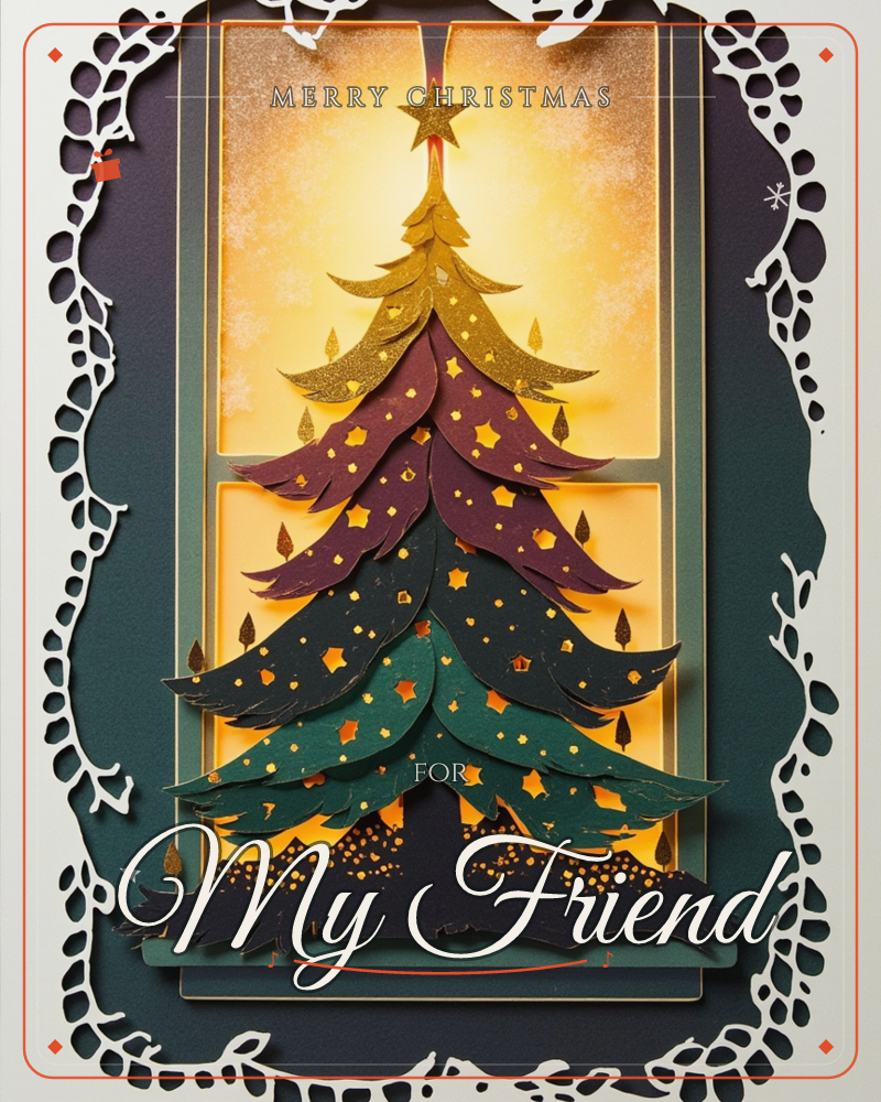A layered paper-cut Christmas tree glows against a warm amber window, its tiers shifting from deep forest green at the base up through maroon to gold…, a christmas e-card design