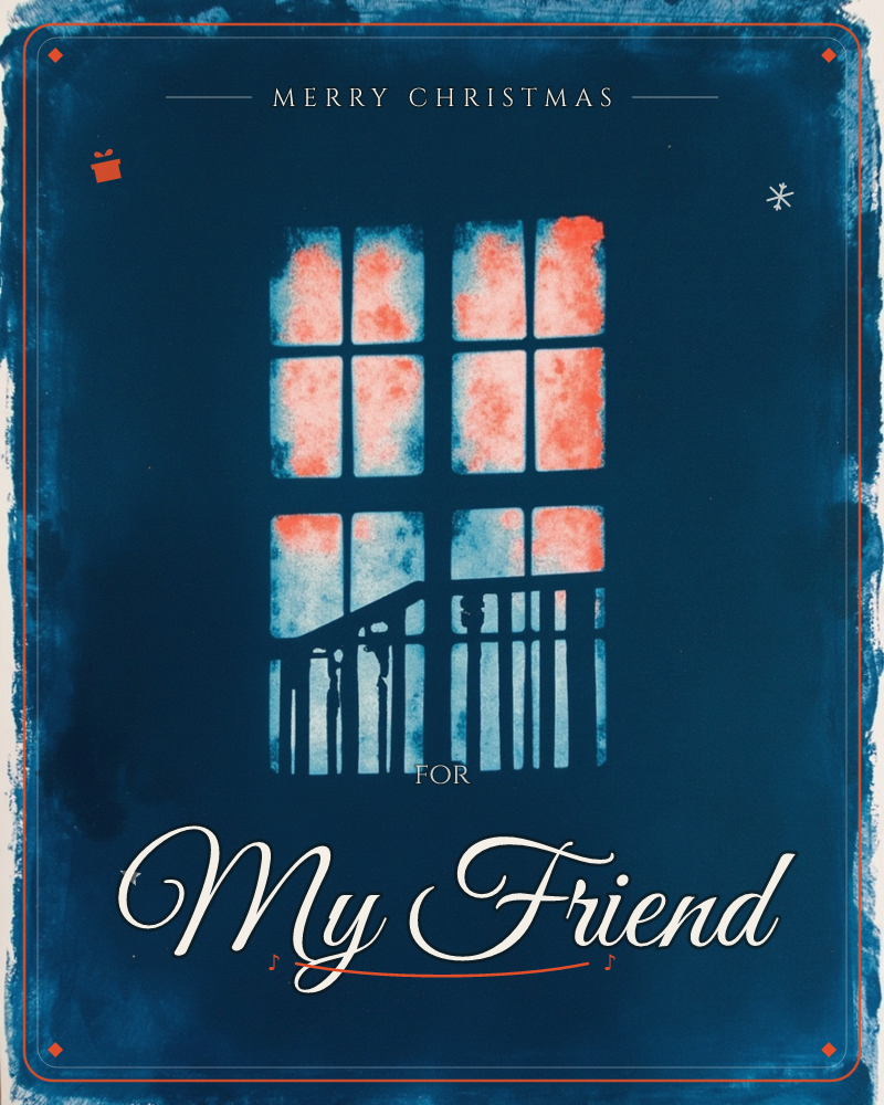 A deep indigo print shows a paned window glowing with mottled orange light, a porch railing silhouetted across its lower half, a christmas e-card design