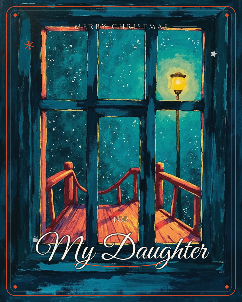 A painted window frame, thick with teal brushstrokes, opens onto a wooden bridge stretching into a starlit night, a christmas e-card design