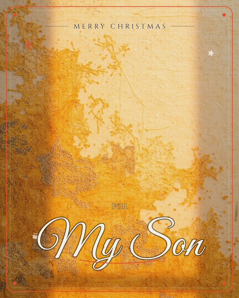 A close-up of a textured canvas surface stained with rust-orange patches that spread like coral or scorched lichen across a warm cream ground, a christmas e-card design