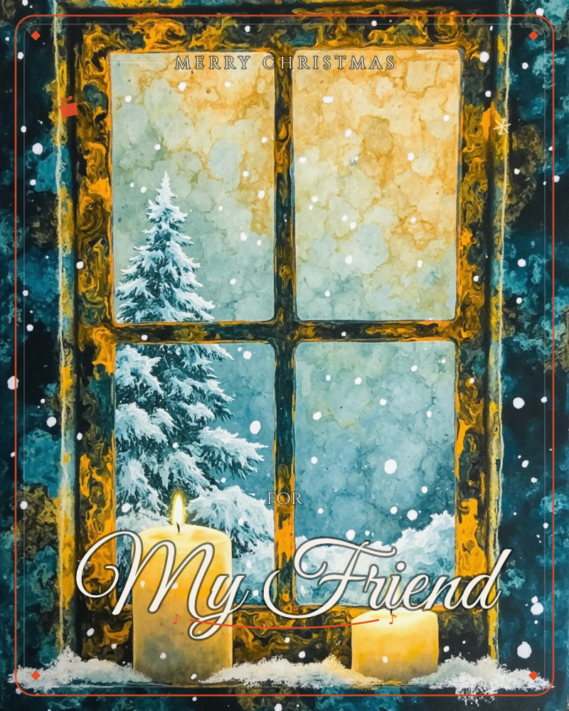An ornate gilded window frame looks out onto a snow-laden fir tree as flakes drift through a soft blue-gold sky, a christmas e-card design