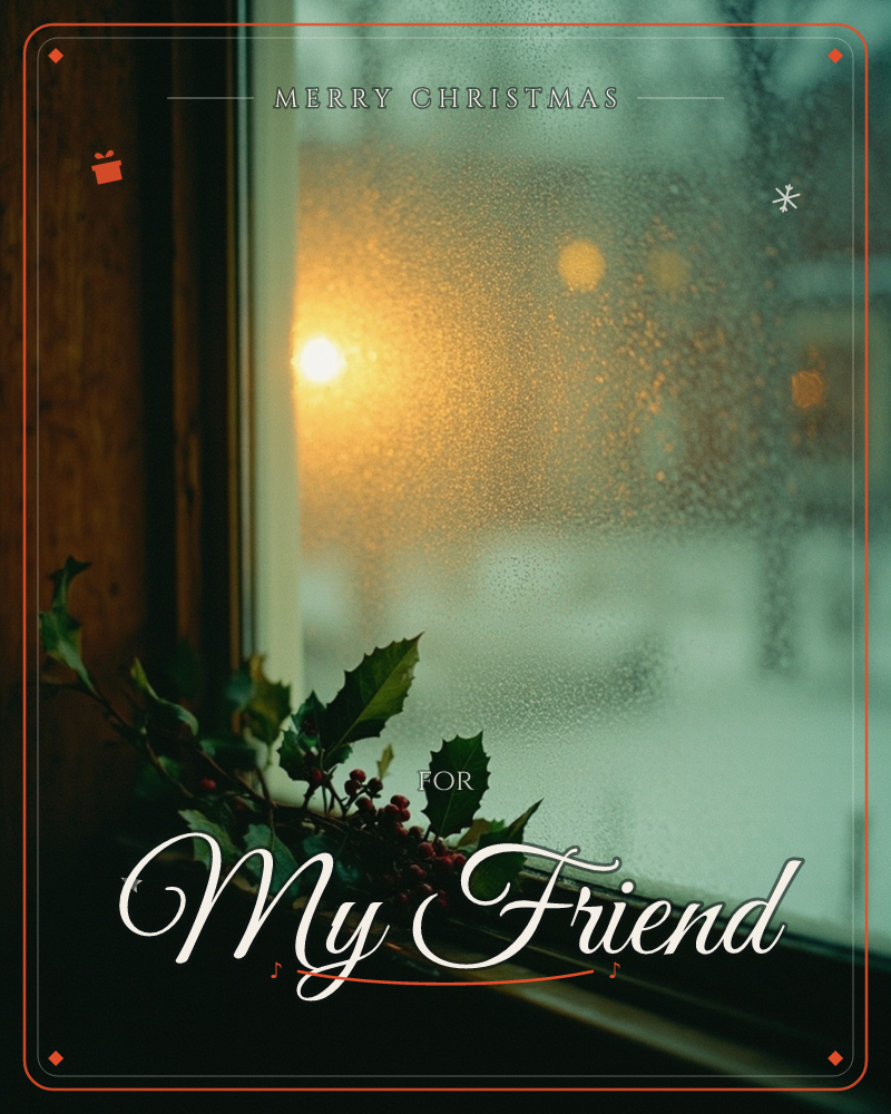 A sprig of holly with red berries rests on a dark wooden windowsill, seen against a condensation-speckled pane, a christmas e-card design