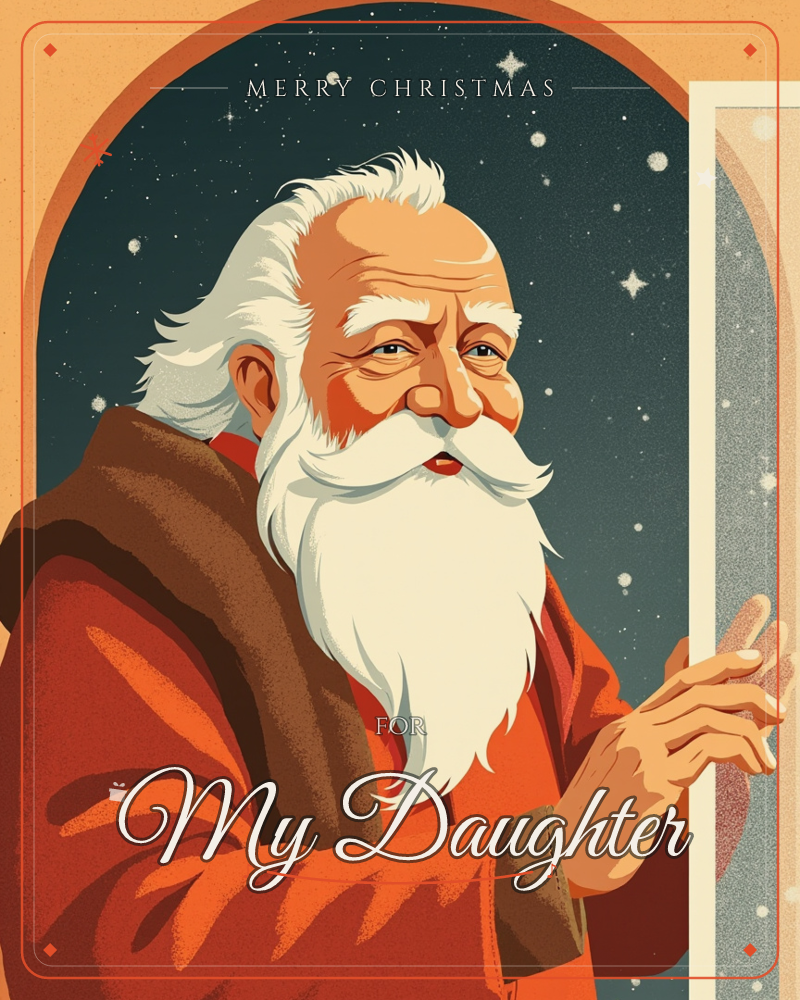 An illustrated portrait shows an elderly man with a long white beard and flowing hair, wrapped in a fur-trimmed red coat, standing within a stone archway, a christmas e-card design