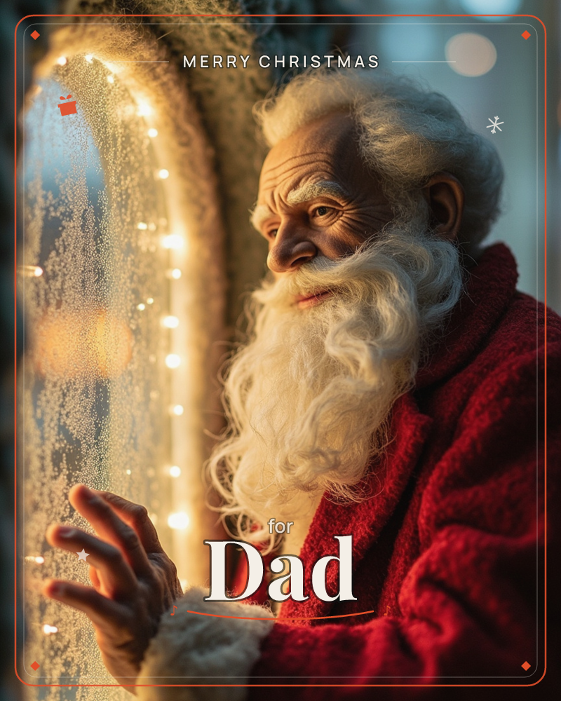 A close-up of an elderly man with a long white beard and red velvet coat, gazing through a frosted, arched window strung with warm fairy lights, a christmas e-card design