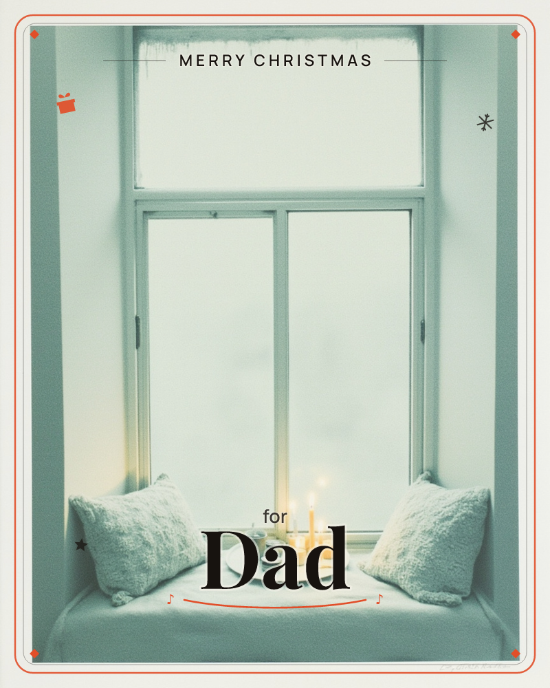 A quiet window seat holds two soft cushions and a round tray of lit candles, their small flames glowing against the pale, frosted light coming through…, a christmas e-card design