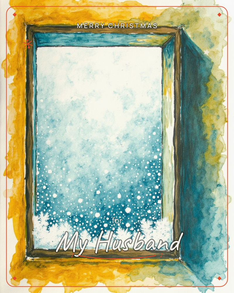A wooden window frame stands open against a mustard-yellow wall, looking out onto a swirl of teal sky thick with falling snow, a christmas e-card design