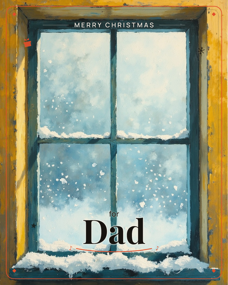 A weathered mustard-yellow window frame with teal muntins looks out onto a soft flurry of falling snow, drifts piled thick along the sill, a christmas e-card design