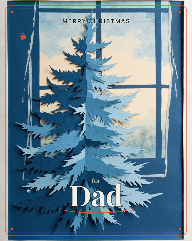 A layered paper-cut evergreen tree stands in front of a window with dark navy panes, its jagged blue branches built up from overlapping cut-paper shapes, a christmas e-card design