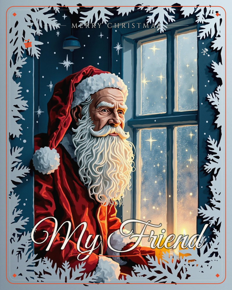 Santa Claus leans against a frosted window pane, gazing out at falling snow and sparkling stars, a small bell hanging above him and candles glowing on…, a christmas e-card design