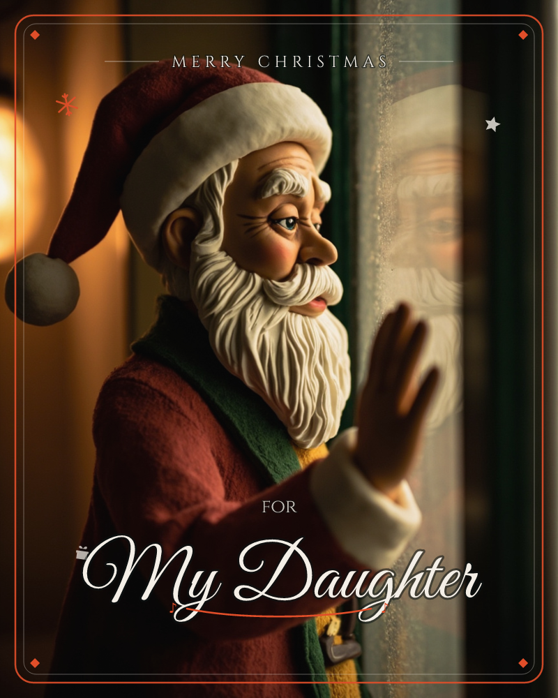 A finely sculpted Santa figure peers through a frosted windowpane, one hand pressed against the glass as if checking on the world outside, a christmas e-card design