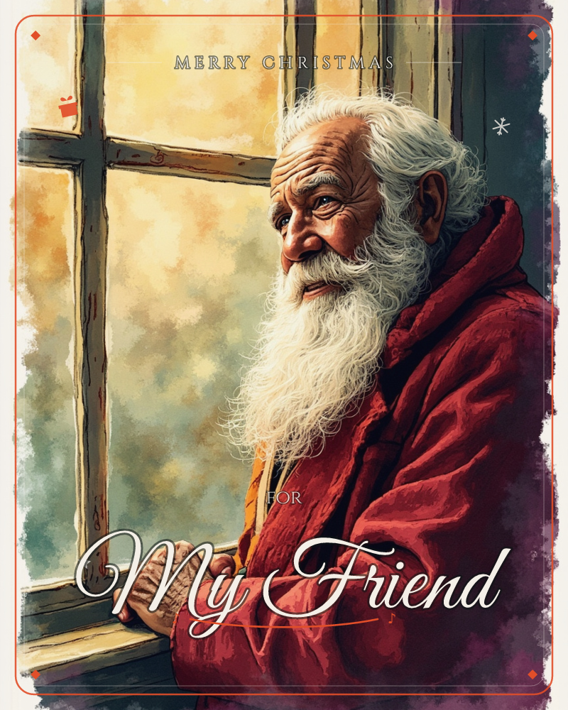 An elderly man with a long white beard and a deep red coat leans on a wooden window ledge, gazing out at a warm, hazy golden light beyond the panes, a christmas e-card design