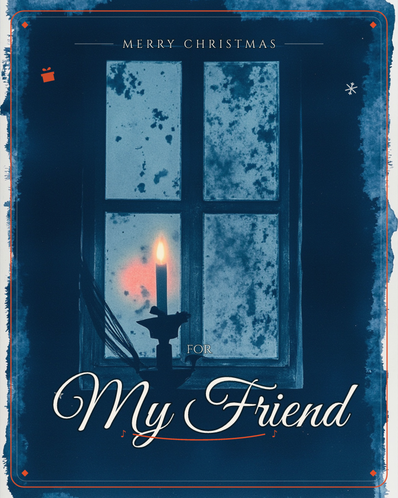 A single candle burns on a windowsill against four frost-mottled panes, its small flame throwing a warm orange glow across the icy blue glass, a christmas e-card design