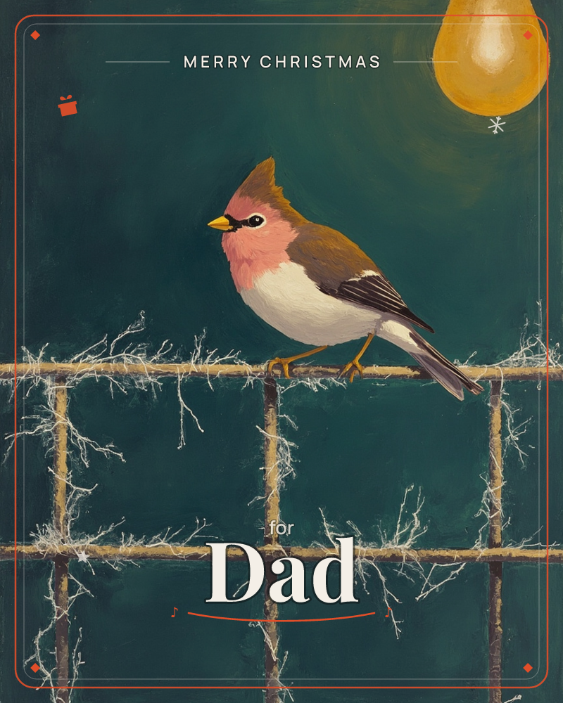 A crested bird with a rosy breast and brown crown perches on a lattice fence strung with frost-white tendrils, lit by a warm glowing bulb hanging in…, a christmas e-card design