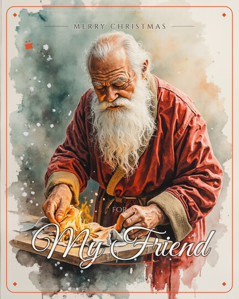 An elderly man with a long white beard and flowing red robe leans over a wooden board, carefully tending a small flame nestled in cloth with his bare…, a christmas e-card design