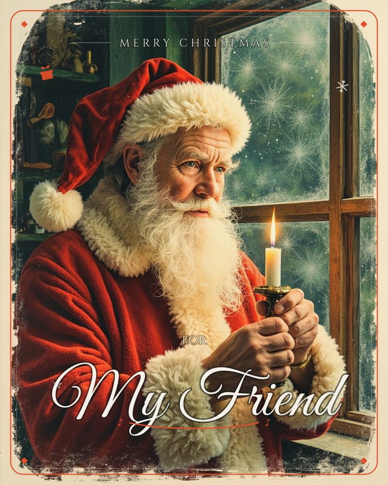 A man dressed as Santa Claus stands beside a frosted window, holding a small lit candle in a brass holder and gazing out into the snowy night, a christmas e-card design