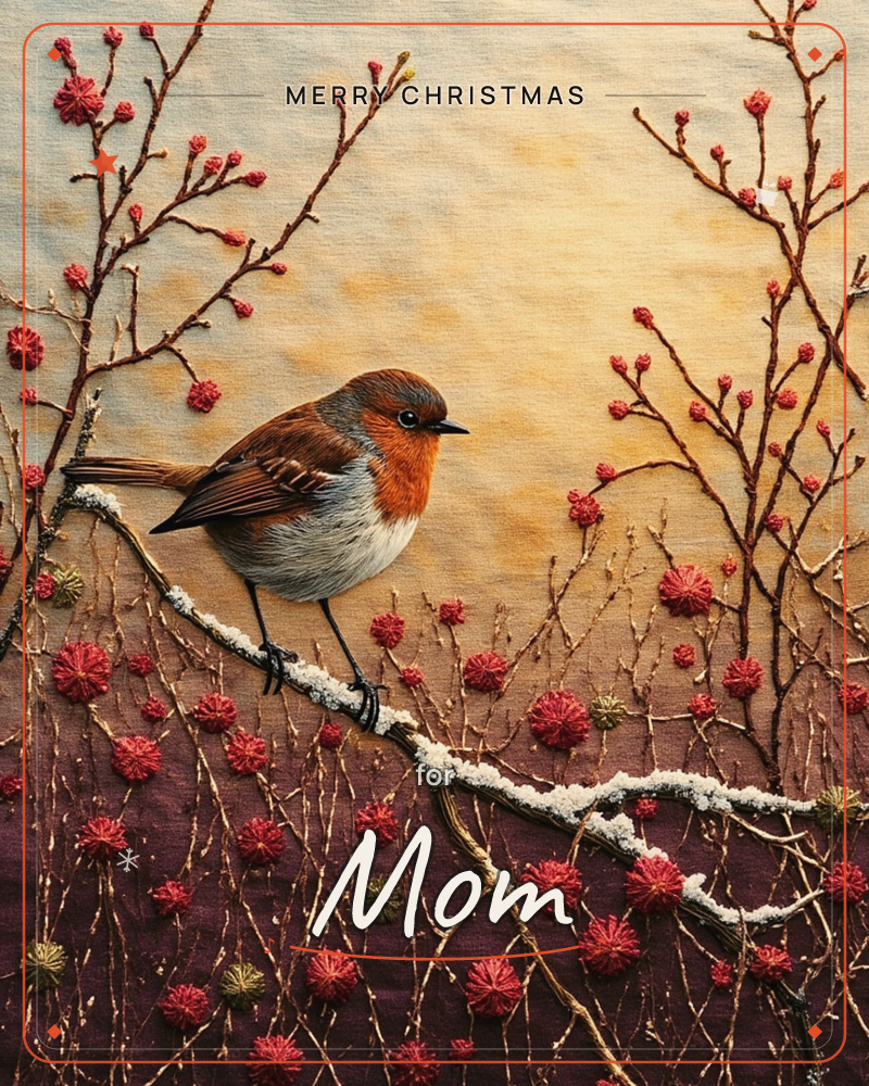 A robin with an orange breast perches on a frost-dusted twig, stitched in fine embroidered thread against a glowing amber sky, a christmas e-card design