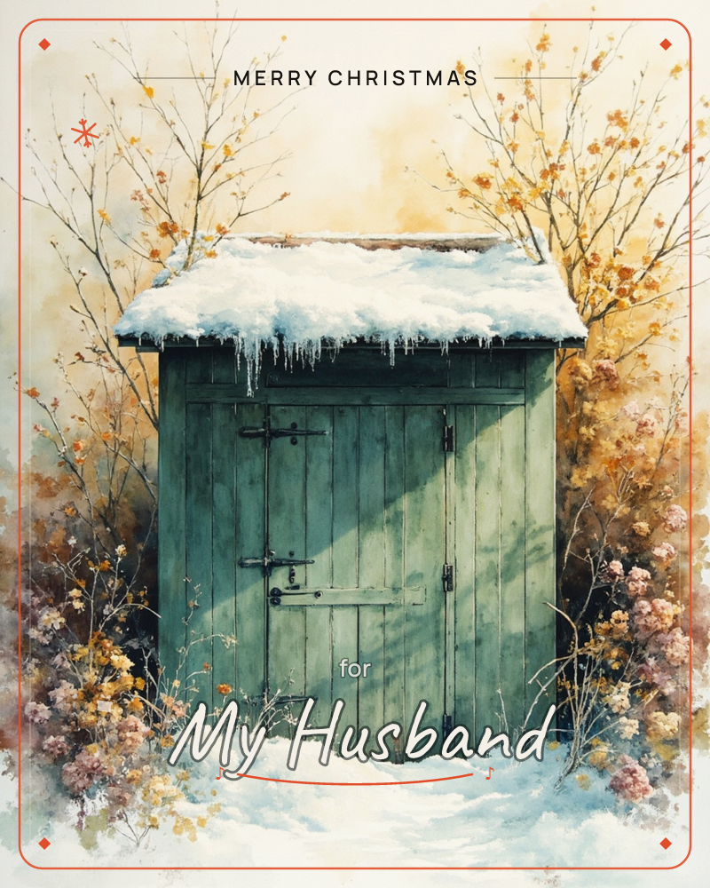 A weathered green wooden shed sits closed among bare autumn branches and dried flowers, its sloped roof piled high with snow and dripping with icicles, a christmas e-card design