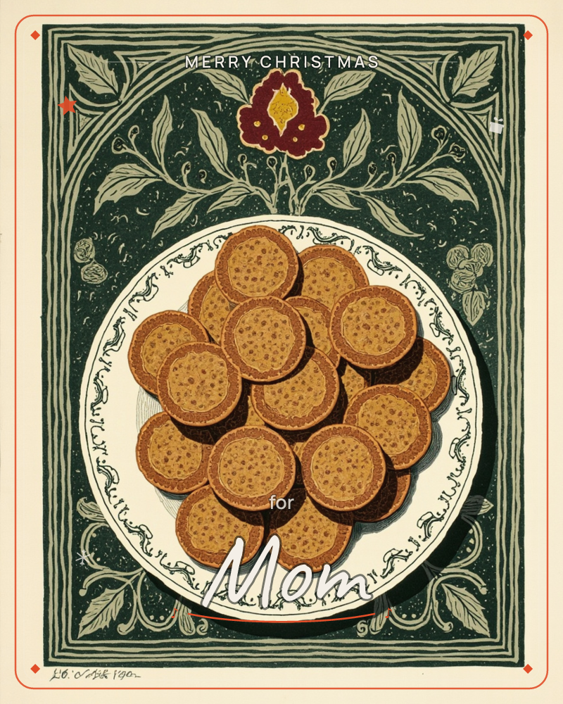 A round white plate piled high with golden-brown biscuits sits at the centre of an ornate dark green border patterned with leaves, vines, and a single…, a christmas e-card design