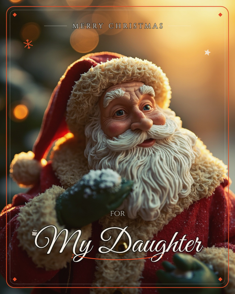 A close-up of a carved Santa figure, his curly white beard and fur-trimmed red coat catching a warm golden light, a christmas e-card design